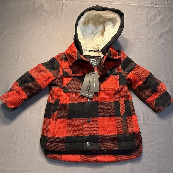 NWT Urban Republic Toddler Boys 2T Red Black Plaid Sherpa Lined Hooded Coat - Picture 1 of 15